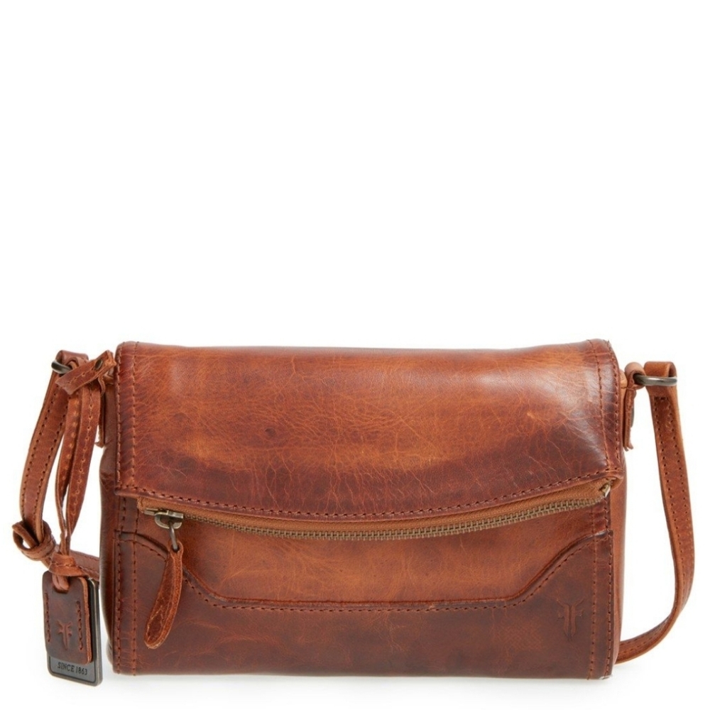 Frye Leather Fold Over Crossbody Cognac Purse